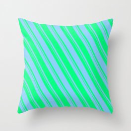 [ Thumbnail: Light Sky Blue and Green Colored Pattern of Stripes Throw Pillow ]