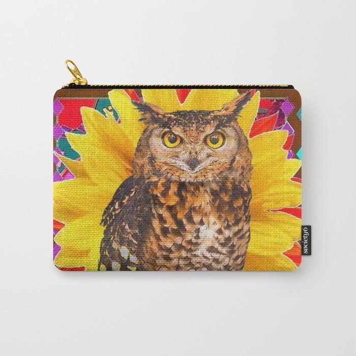 COFFEE BROWN SUNFLOWER ART DECO OWL Carry-All Pouch