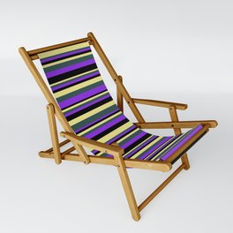 [ Thumbnail: Tan, Dark Slate Gray, Purple, and Black Colored Stripes/Lines Pattern Sling Chair ]