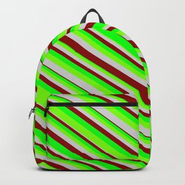 [ Thumbnail: Lime, Chartreuse, Light Grey & Dark Red Colored Stripes/Lines Pattern Backpack ]