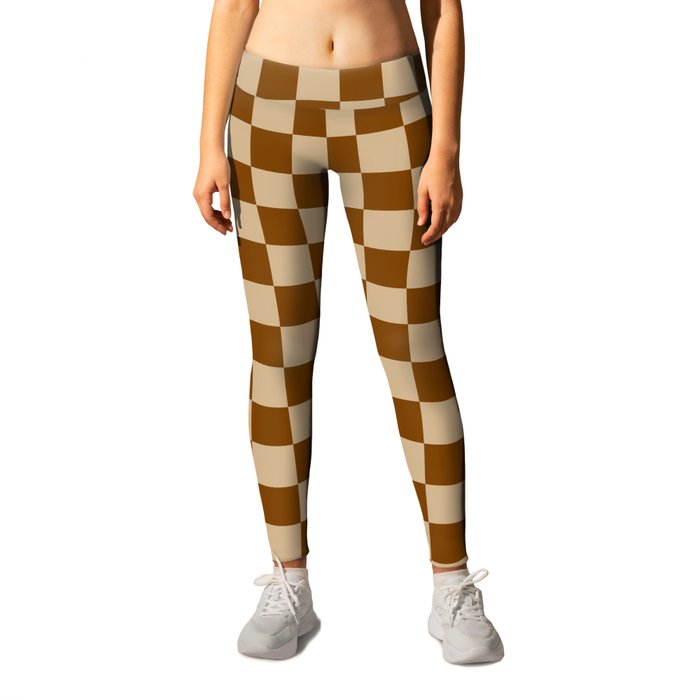 Tan Brown and Chocolate Brown Checkerboard Leggings by ColorfulPatterns
