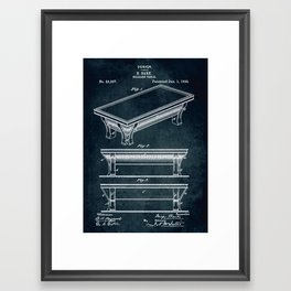 1895 - Billiard table Framed Art Print | Blue, Bar, Patent, Art, Vintage, Print, Billiard, Blueprints, Table, Drawing 