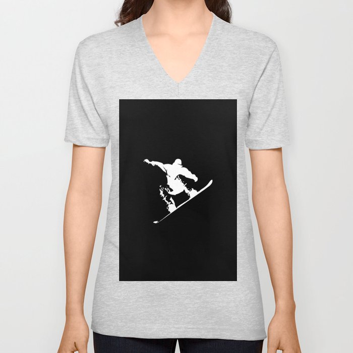 Snowboarding White Abstract Snow Boarder On Black V Neck T Shirt