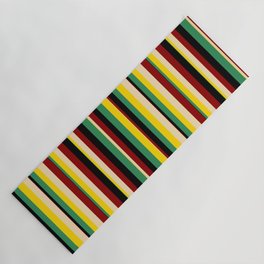 [ Thumbnail: Sea Green, Yellow, Tan, Dark Red, and Black Colored Lines Pattern Yoga Mat ]