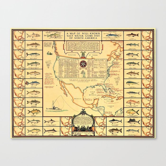 Illustrated Map of Well Known Salt Water Game Fish of North America Canvas Print