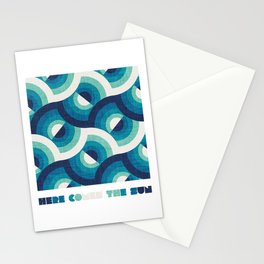 Here comes the sun // navy blue teal and spearmint gradient 70s inspirational groovy geometric suns Stationery Card