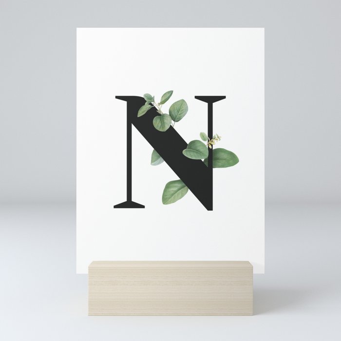 Letter N Initial Floral Monogram Black And White Poster Mini Art Print