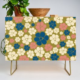 Flower Pattern - Blue, Olive Green, Pink and Cream  Credenza