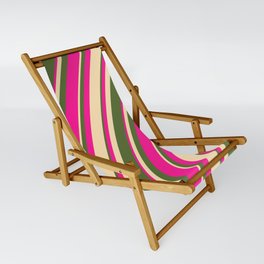 [ Thumbnail: Dark Olive Green, Deep Pink, and Beige Colored Stripes/Lines Pattern Sling Chair ]