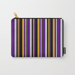 [ Thumbnail: Goldenrod, Black, Light Grey & Indigo Colored Lined/Striped Pattern Carry-All Pouch ]