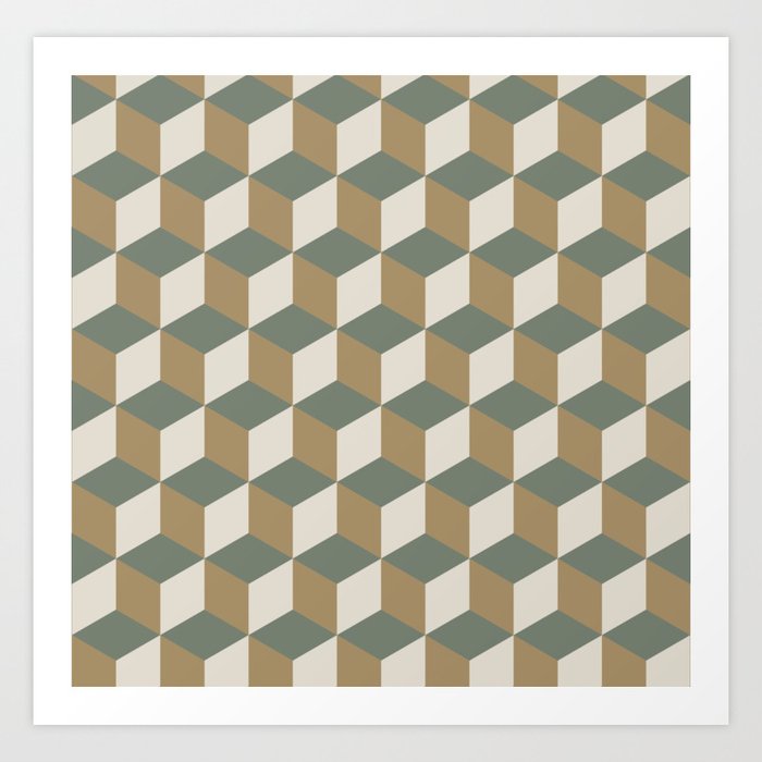 Bauhaus Geometric Cube Pattern Green Gold Art Print