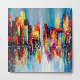 Downtown after rain Metal Print | Abstractcityscape, Painting, Giftidea, Foroffice, Newyork, Oil, Orangeandblue, Downtown, Forinterior, Abstract 