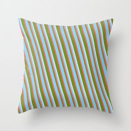 [ Thumbnail: Light Sky Blue, Red, Green & Lavender Colored Lined Pattern Throw Pillow ]