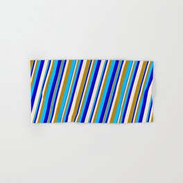 [ Thumbnail: Beige, Dark Goldenrod, Deep Sky Blue & Blue Colored Stripes Pattern Hand & Bath Towel ]