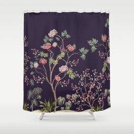 Beautiful exotic chinoiserie wallpaper. Hand drawn vintage chinese rose trees, palms, flowers, sakura Floral seamless border blue background.  Shower Curtain