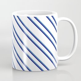 [ Thumbnail: White, Blue & Midnight Blue Colored Striped Pattern Coffee Mug ]