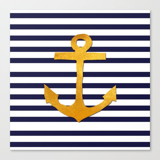 Marine pattern- blue white striped with golden anchor Canvas Print