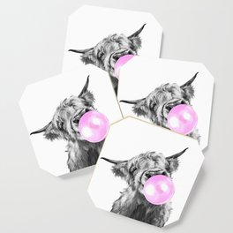 Bubble Gum Highland Cow Black and White Coaster
