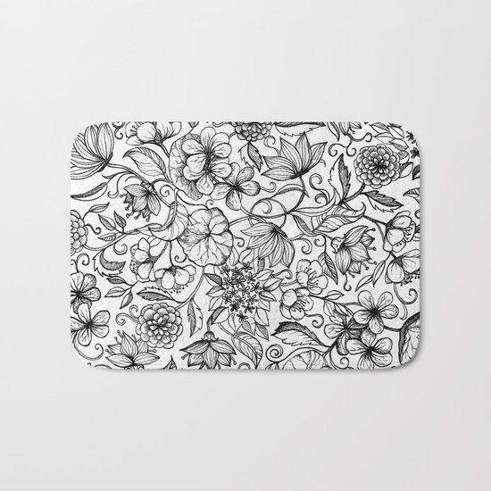 Hand drawn pencil floral pattern in black and white Bath Mat