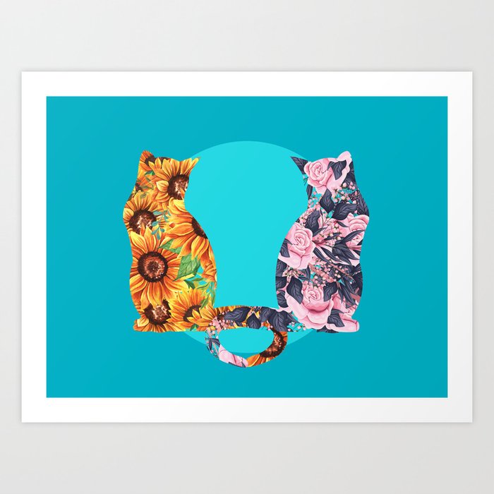 Flower Cats Sunflowers and Roses Art Print