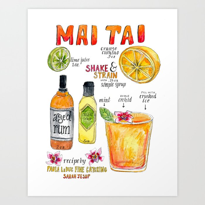 Mai Tai Illustrated Cocktail Recipe Art Print