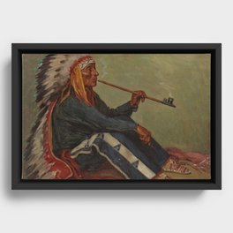 Full portrait of Chief Flat Iron smoking peace pipe Sioux First Nations American Indian portrait painting by Joseph Henry Sharp Framed Canvas
