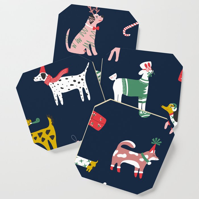 Christmas pattern with cute dogs in Santa hats and scarves.  Coaster