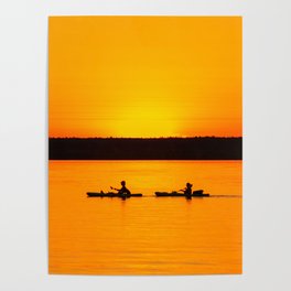 Lake Superior Sunset Kayaks Orange Silhouette Lakeshore Upper Peninsula Michigan  Poster