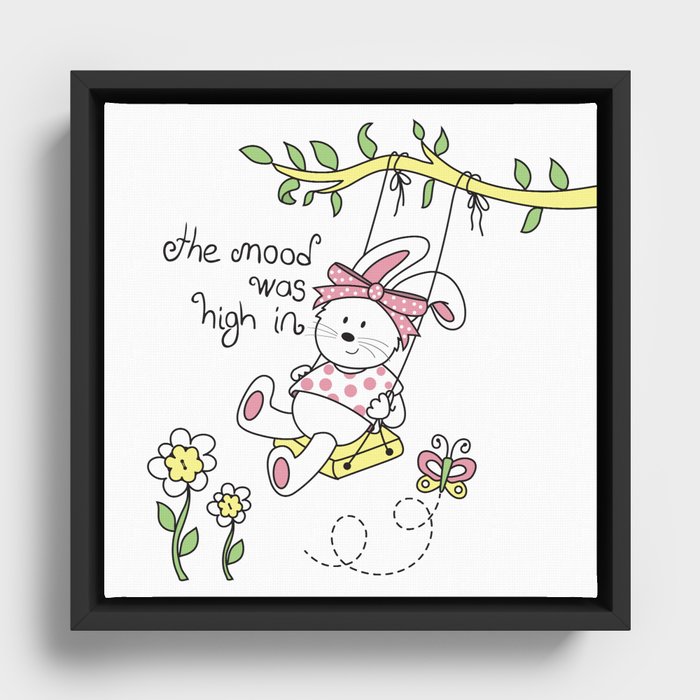 Graphics of cute bunny swinging on a tree swing. Framed Canvas