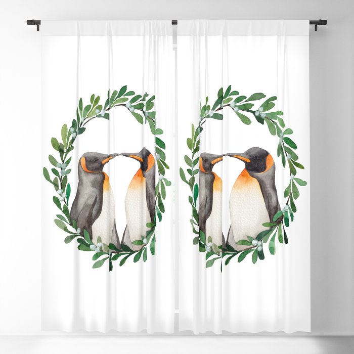 Watercolor Painting Kissing Penguins in Mistletoe Wreath for Valentine's Day, Christmas Blackout Curtain