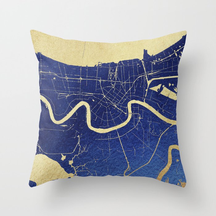 New Orleans Blue and Gold Map Throw Pillow