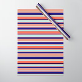 [ Thumbnail: Blue, Dark Salmon, Turquoise, and Red Colored Striped/Lined Pattern Wrapping Paper ]
