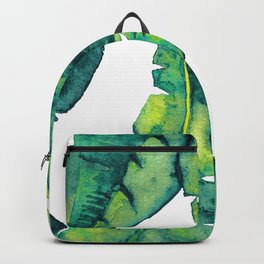Green Watercolor Banana Leaves on White, Watercolor Banana Leaf Print Backpack
