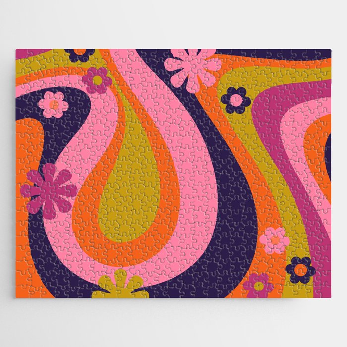 Too Groovy Retro Abstract Flower Power Pattern in Pink Lime Orange Magenta Blue Jigsaw Puzzle