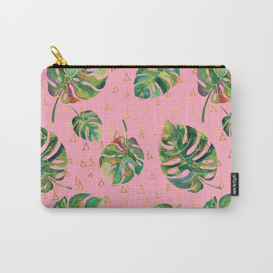 Monstera Gold // Monstera Pattern, Gold Foil Pattern, Lifestyle Digital Collage Pink Carry-All Pouch