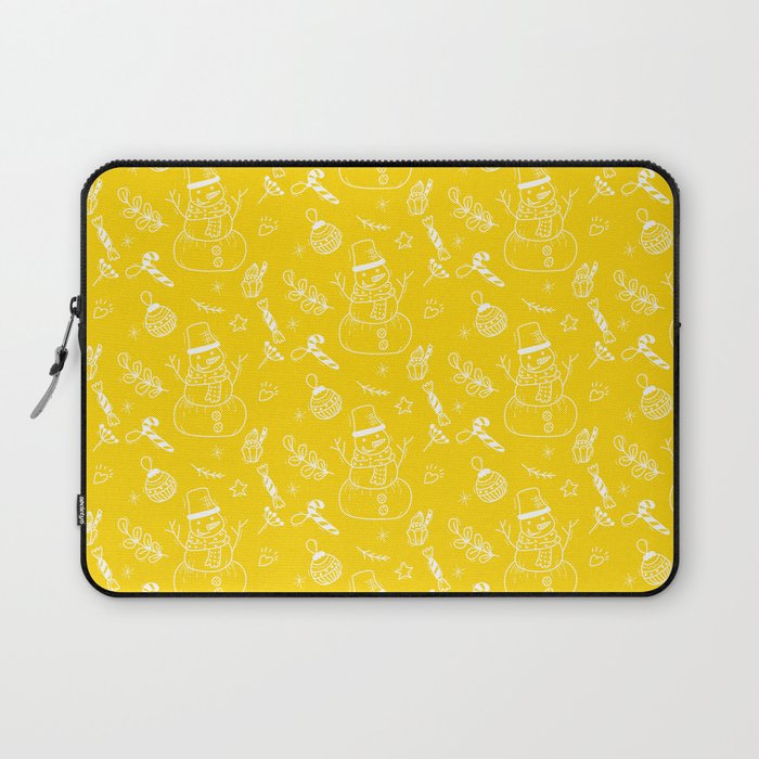 Yellow and White Christmas Snowman Doodle Pattern Laptop Sleeve