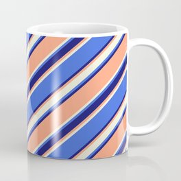 [ Thumbnail: Light Salmon, Beige, Royal Blue & Midnight Blue Colored Stripes/Lines Pattern Coffee Mug ]