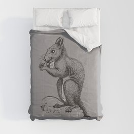 Squirrel eating acorns on a stump Comforter