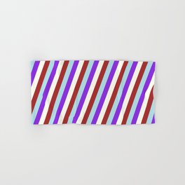 [ Thumbnail: Brown, Powder Blue, Purple & Ivory Colored Striped/Lined Pattern Hand & Bath Towel ]