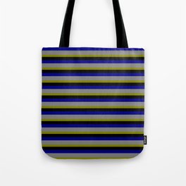 [ Thumbnail: Green, Black, Blue & Gray Colored Lined Pattern Tote Bag ]