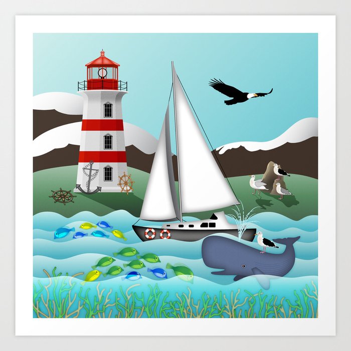 Coastal Sailing - Nautical Landscape Scene Art Print