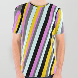 [ Thumbnail: Eye-catching Violet, Dim Grey, Light Cyan, Black & Yellow Colored Lined Pattern All Over Graphic Tee ]