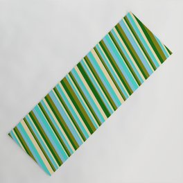 [ Thumbnail: Turquoise, Beige, Dark Green, Green & Sky Blue Colored Pattern of Stripes Yoga Mat ]