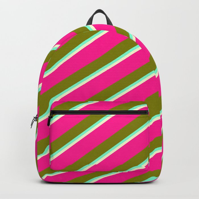 Deep Pink, Green, Aquamarine, and Light Yellow Colored Lined/Striped Pattern Backpack