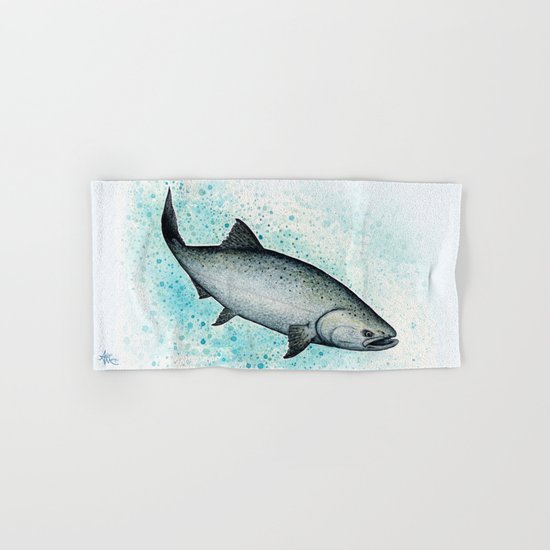 "Salmon Splash" by Amber Marine ~ Watercolor Painting (c) 2016 Hand & Bath Towel