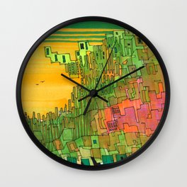 Seaweed City Wall Clock | Bright, Neon, City, Stripes, Drawing, Urban, Sea, Birds, Kinnikinnik, Geometric 