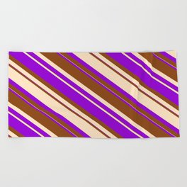 [ Thumbnail: Dark Violet, Brown & Bisque Colored Striped Pattern Beach Towel ]