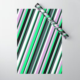 [ Thumbnail: Plum, Green, Black, Dark Slate Gray & White Colored Striped/Lined Pattern Wrapping Paper ]