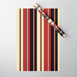 [ Thumbnail: Beige, Red, and Black Colored Striped Pattern Wrapping Paper ]