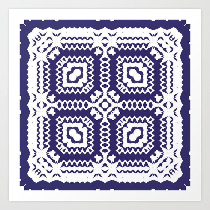 Decorative color ceramic azulejo tiles. Vintage seamless pattern watercolor. Modern design. Blue folk ethnic ornament.  Art Print